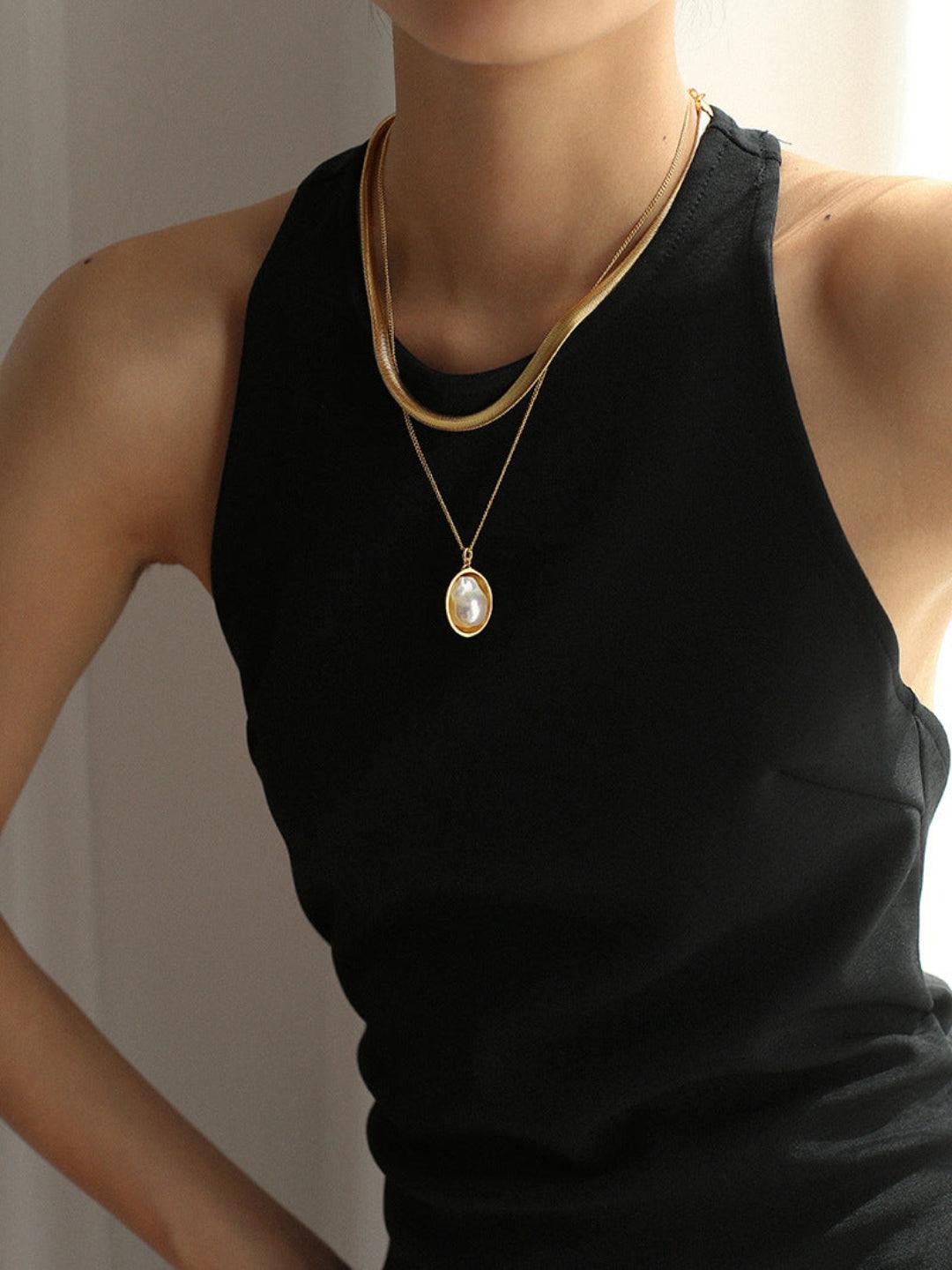Oval Pendant Baroque Shaped Pearl Necklace - Gembea Jewelry