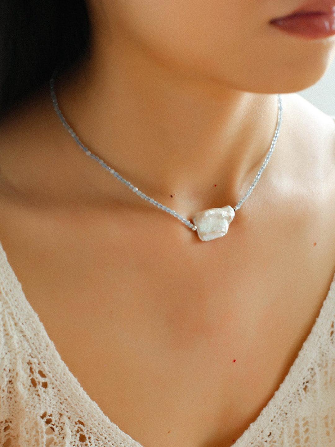 Sea's Embrace Series Aquamarine Pearl Necklace - Gembea Jewelry