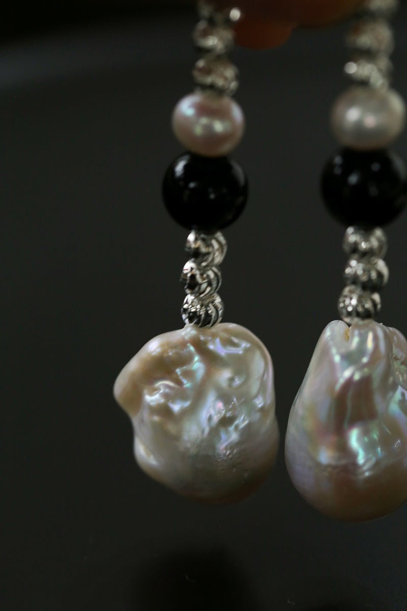Baroque Pearl Black Agate Long Drop Earrings gembea jewelry