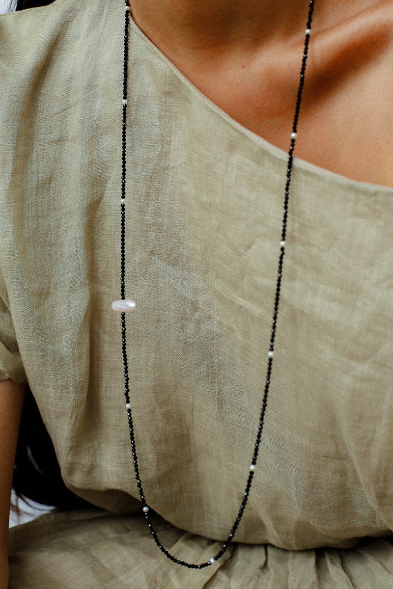 Baroque Pearl Black Spinel Beaded Long Necklace gembea jewelry