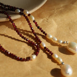Baroque Pearl Garnet Long Necklace gembea jewelry