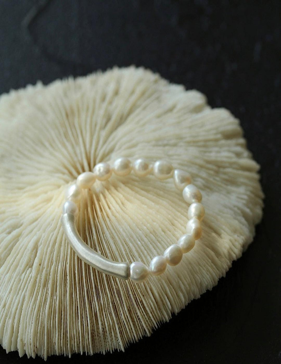 Baroque Shaped Pearl Silver Bend Elastic Bracelet - Gembea Jewelry