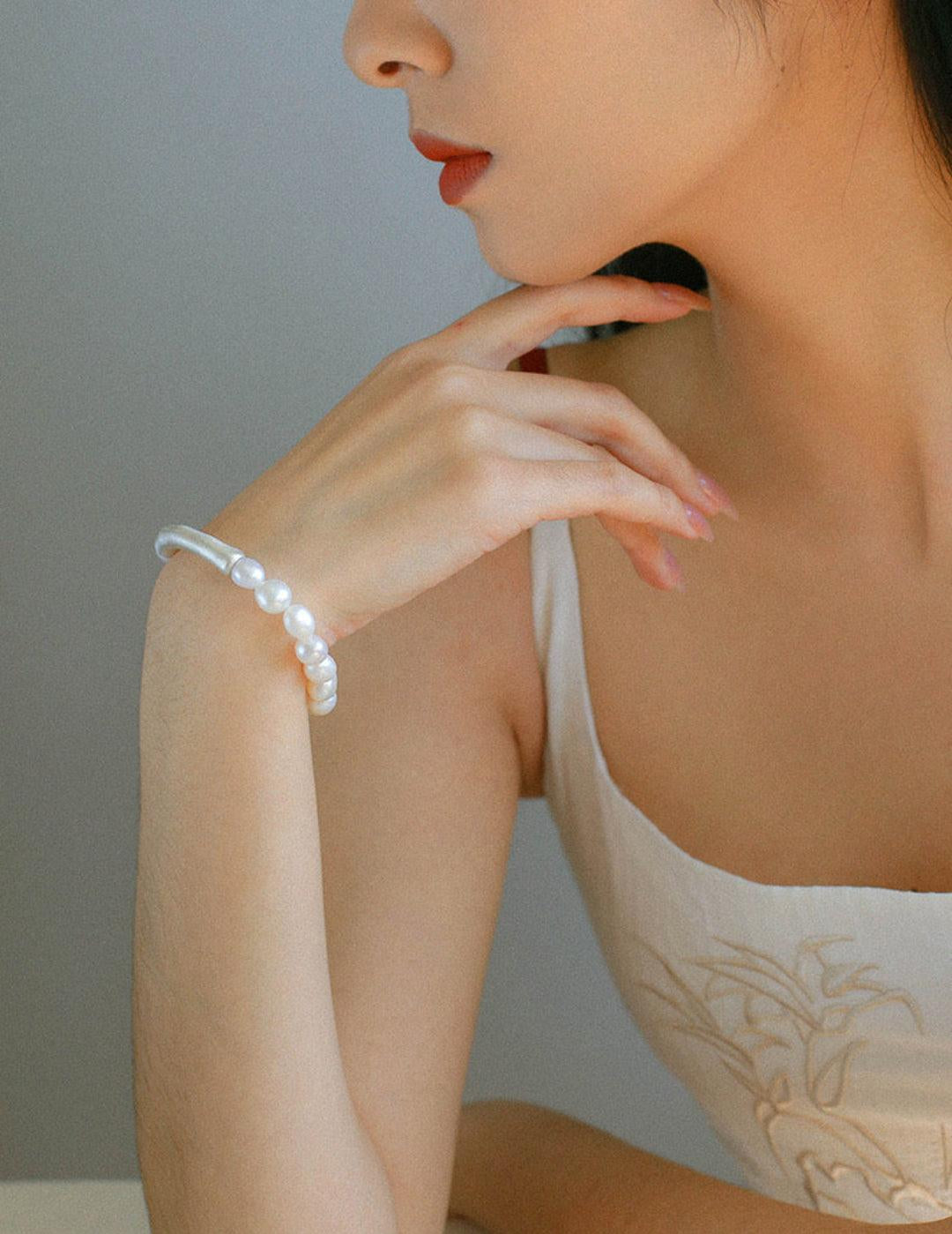 Baroque Shaped Pearl Silver Bend Elastic Bracelet - Gembea Jewelry