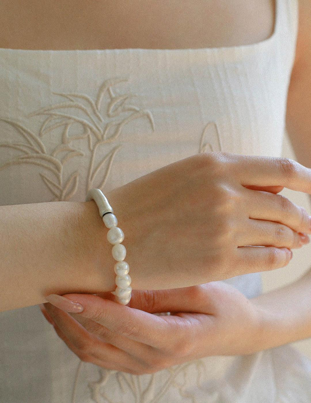 Baroque Shaped Pearl Silver Bend Elastic Bracelet - Gembea Jewelry