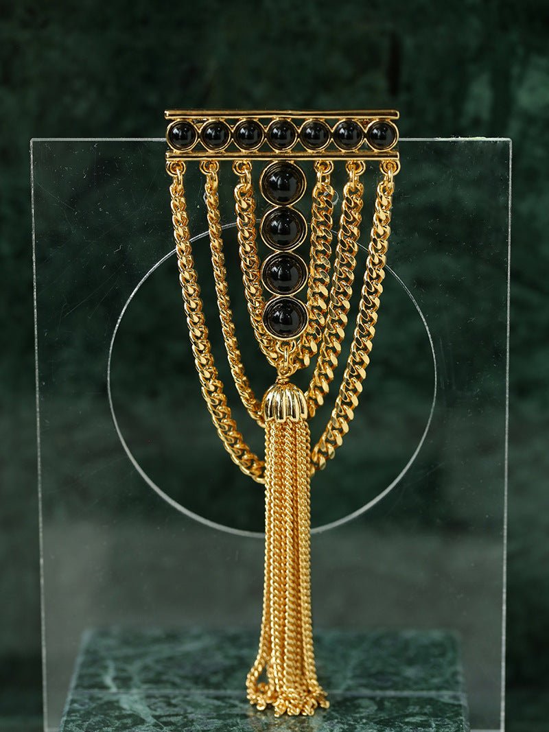 Black Agate Ball Stone Tassel Brooch gembea jewelry