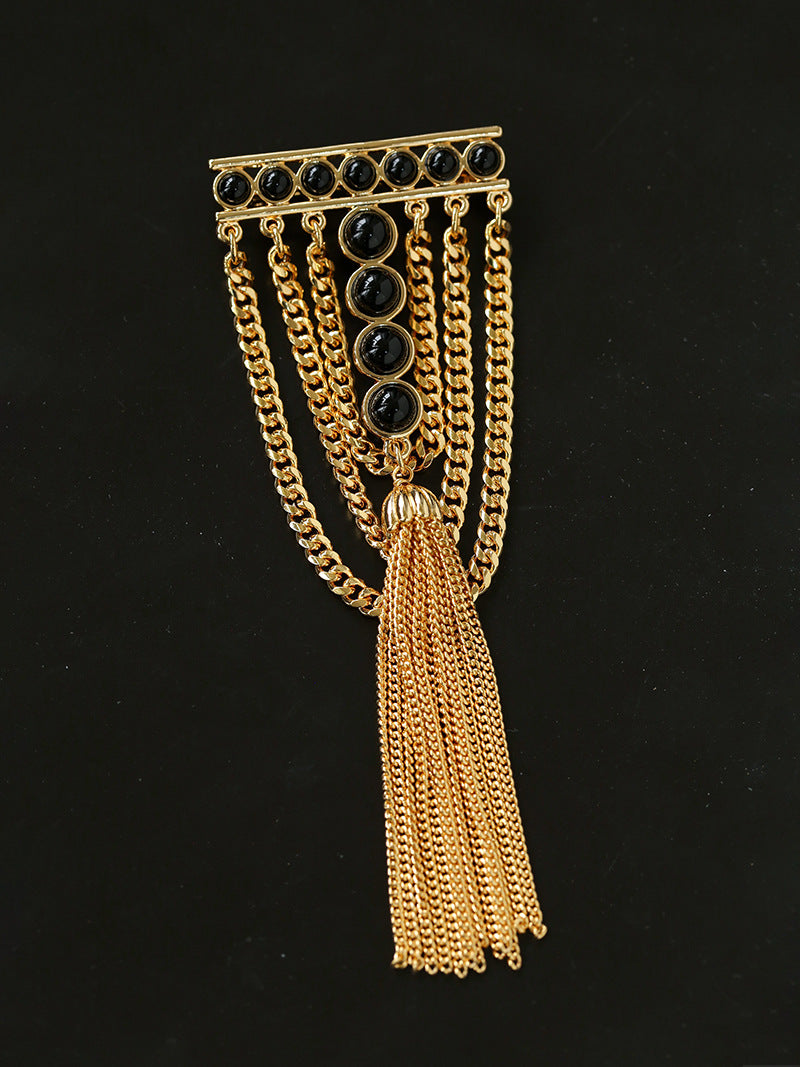 Black Agate Ball Stone Tassel Brooch gembea jewelry