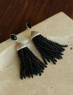 Black Agate Tassel Earrings - Gembea Jewelry