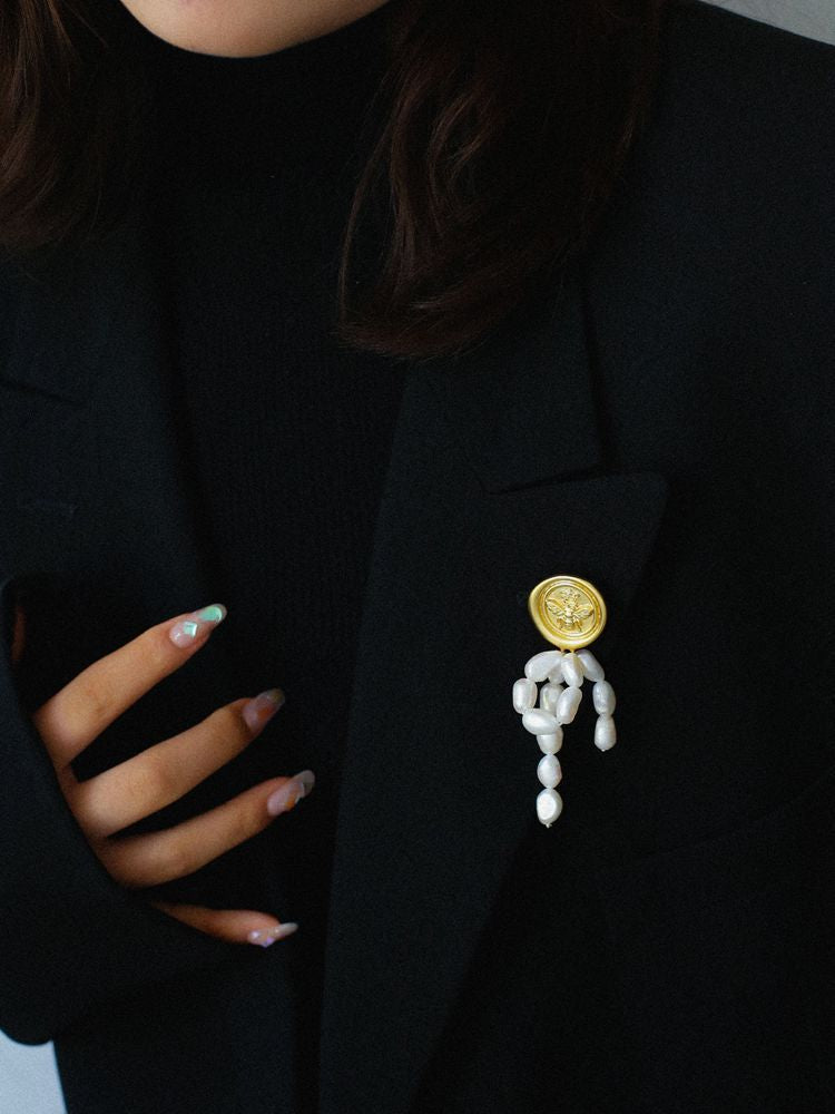 Brushed Metal Bee Pearl Brooch gembea jewelry