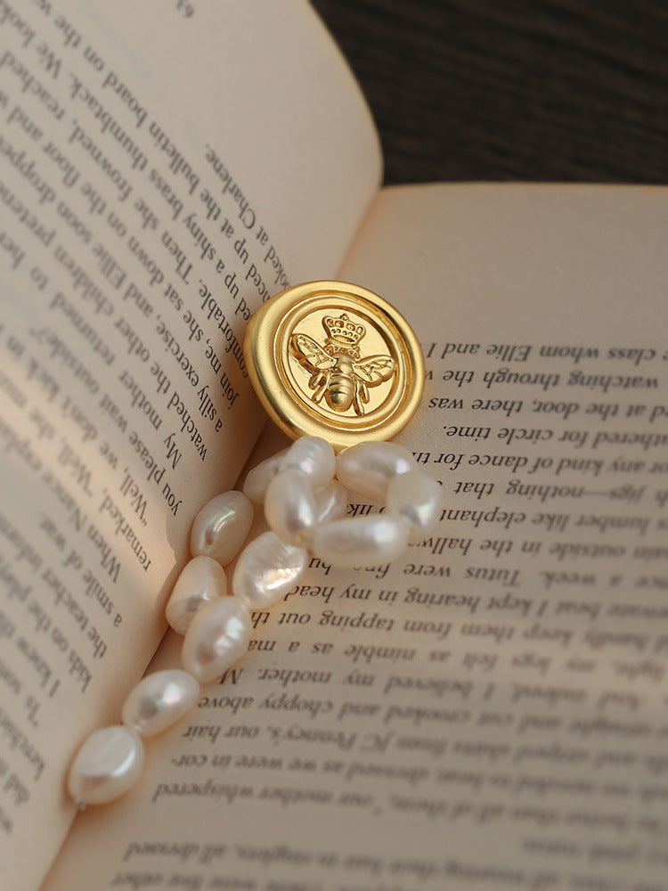 Brushed Metal Bee Pearl Brooch gembea jewelry