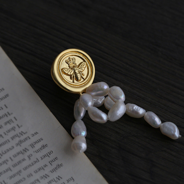 Brushed Metal Bee Pearl Brooch gembea jewelry