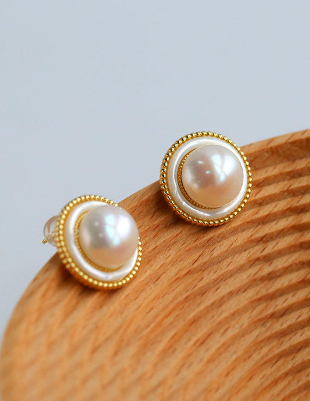 Button Freshwater Pearl Stud Earrings - Gembea Jewelry