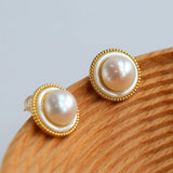 Button Freshwater Pearl Stud Earrings - Gembea Jewelry