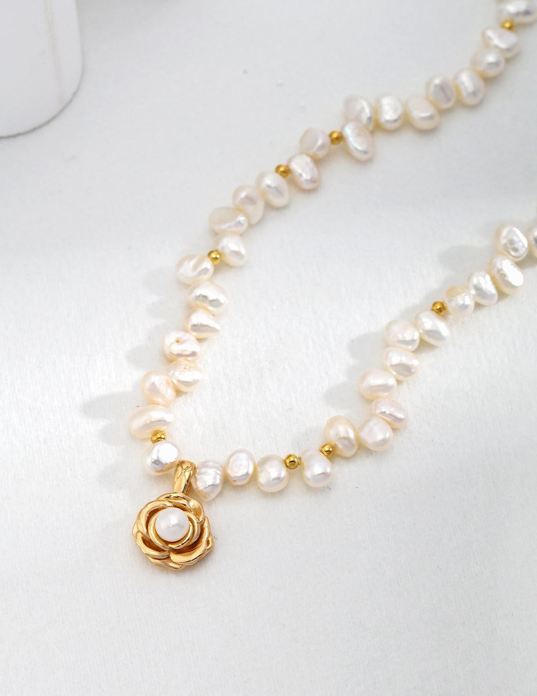 Camellia Pendant Natural Pearl Beaded Necklace - Gembea Jewelry