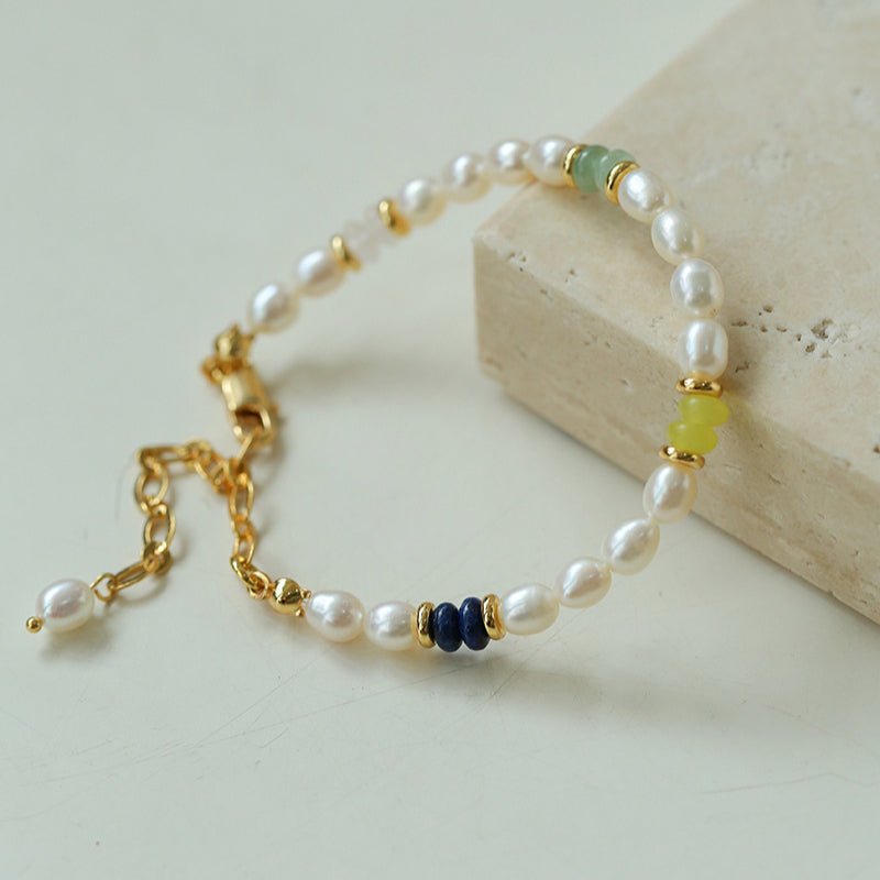 Colored Gemstone Rice Pearl Beaded Bracelet gembea jewelry