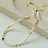 Colored Gemstone Rice Pearl Beaded Necklace gembea jewelry