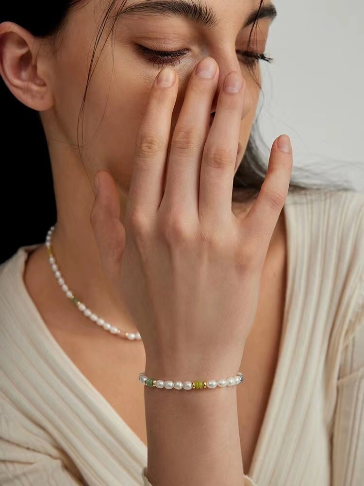Colored Gemstone Rice Pearl Beaded Necklace