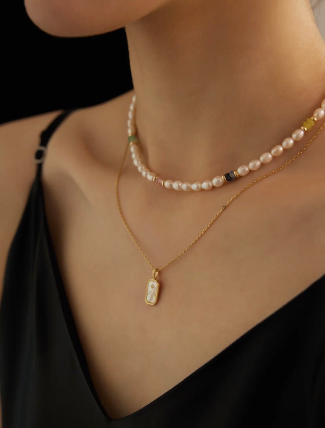 Colored Gemstone Rice Pearl Beaded Necklace