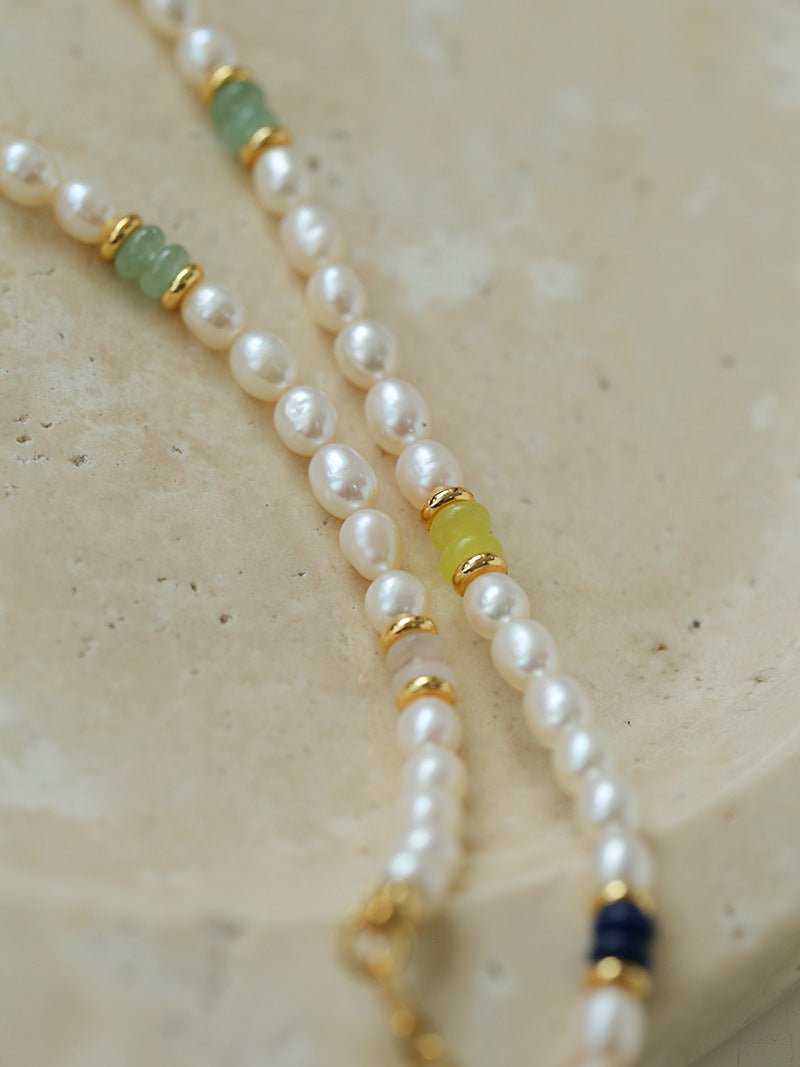 Colored Gemstone Rice Pearl Beaded Necklace