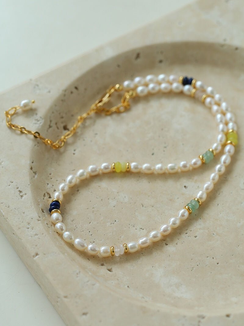 Colored Gemstone Rice Pearl Beaded Necklace