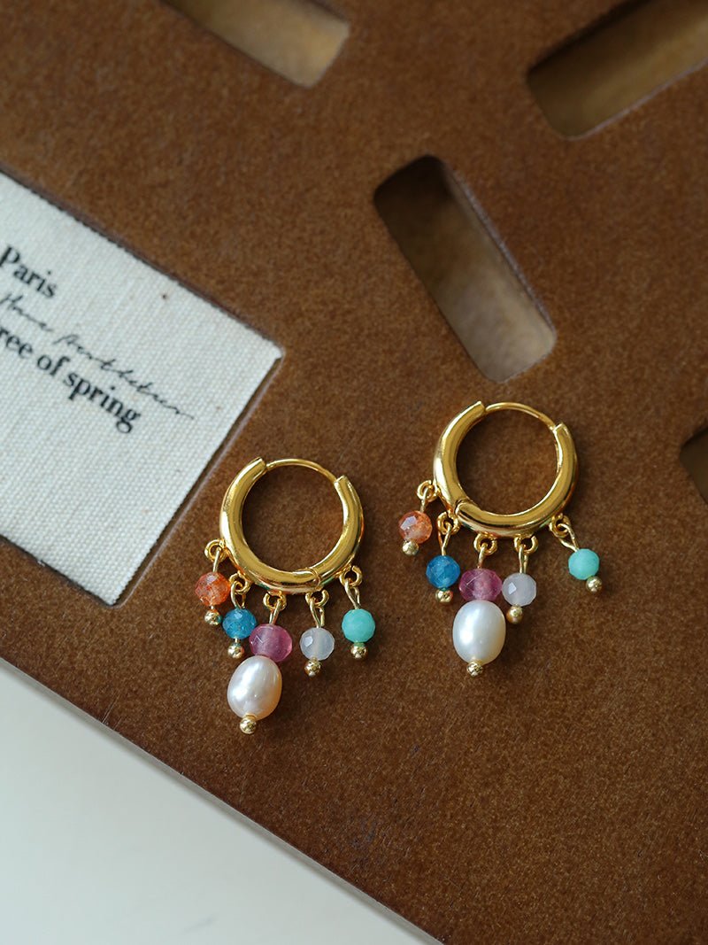 Colorful Stone Pearl Tassel Hoop Earrings gembea jewelry
