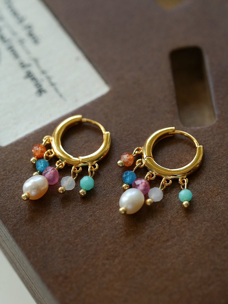 Colorful Stone Pearl Tassel Hoop Earrings gembea jewelry