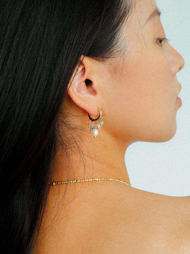 Colorful Stone Pearl Tassel Hoop Earrings gembea jewelry11