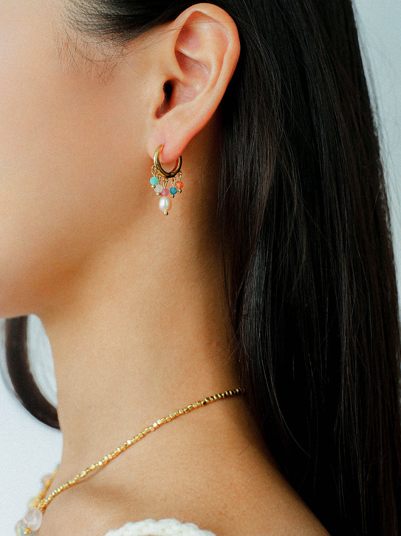 Colorful Stone Pearl Tassel Hoop Earrings gembea jewelry
