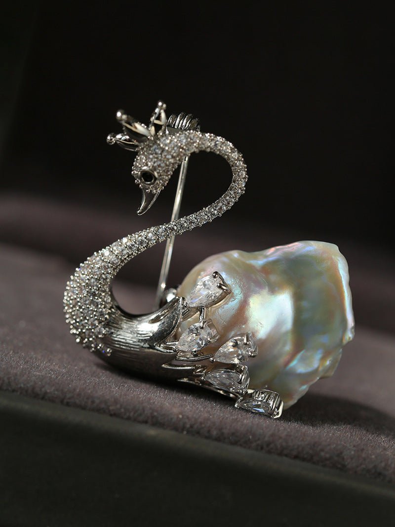 Diamond Swan Baroque Pearl Brooch gembea jewelry