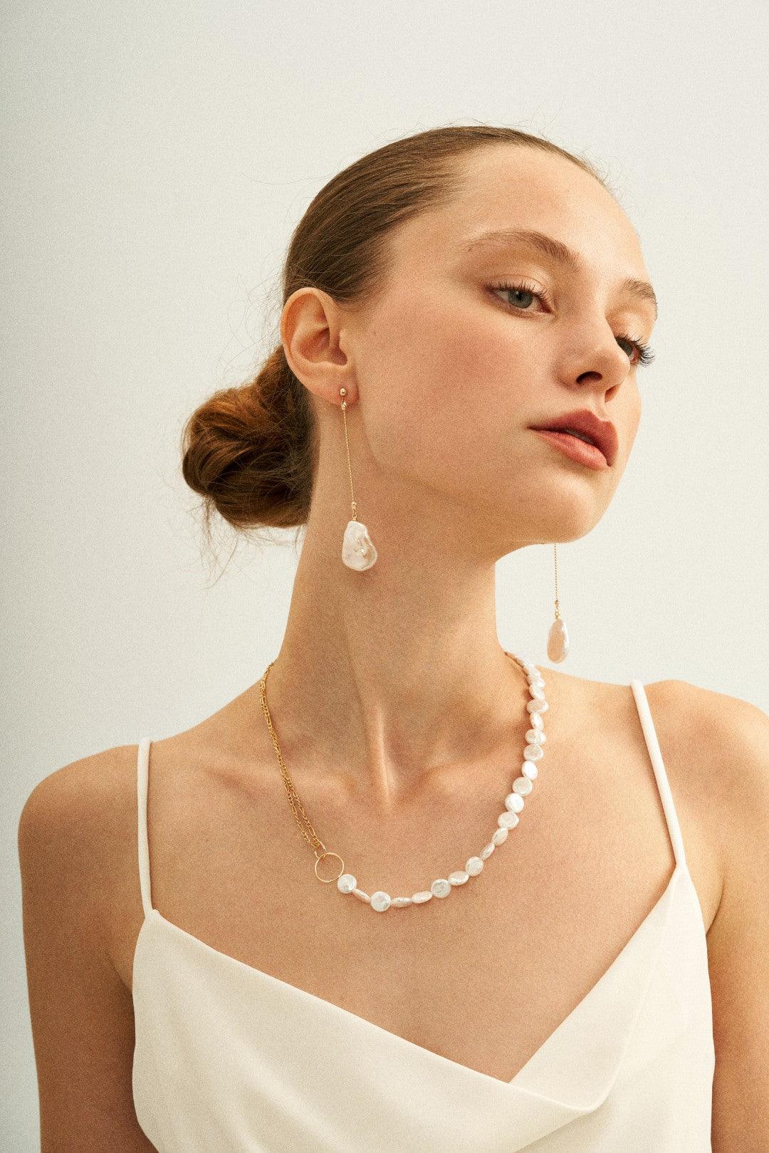 Double Chain Small Circle Baroque Pearl Necklace - Gembea Jewelry