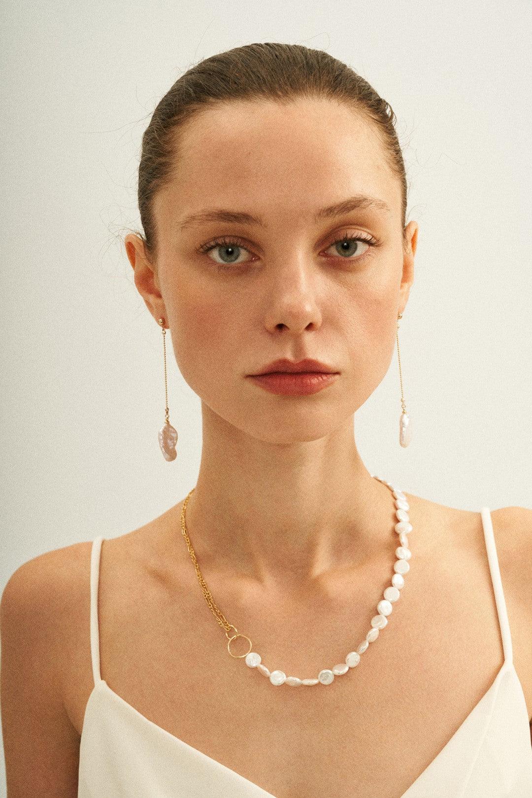 Double Chain Small Circle Baroque Pearl Necklace - Gembea Jewelry