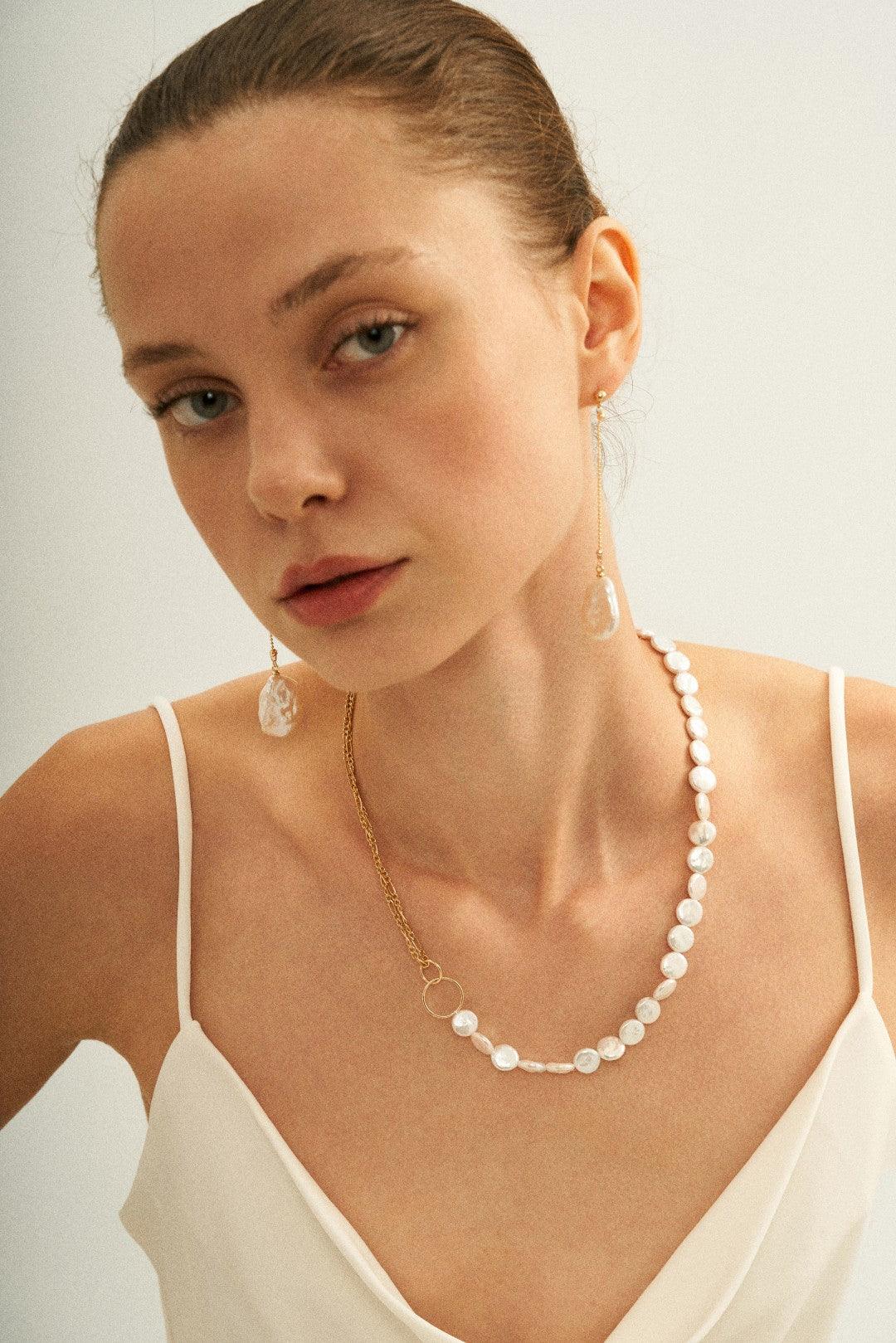 Double Chain Small Circle Baroque Pearl Necklace - Gembea Jewelry