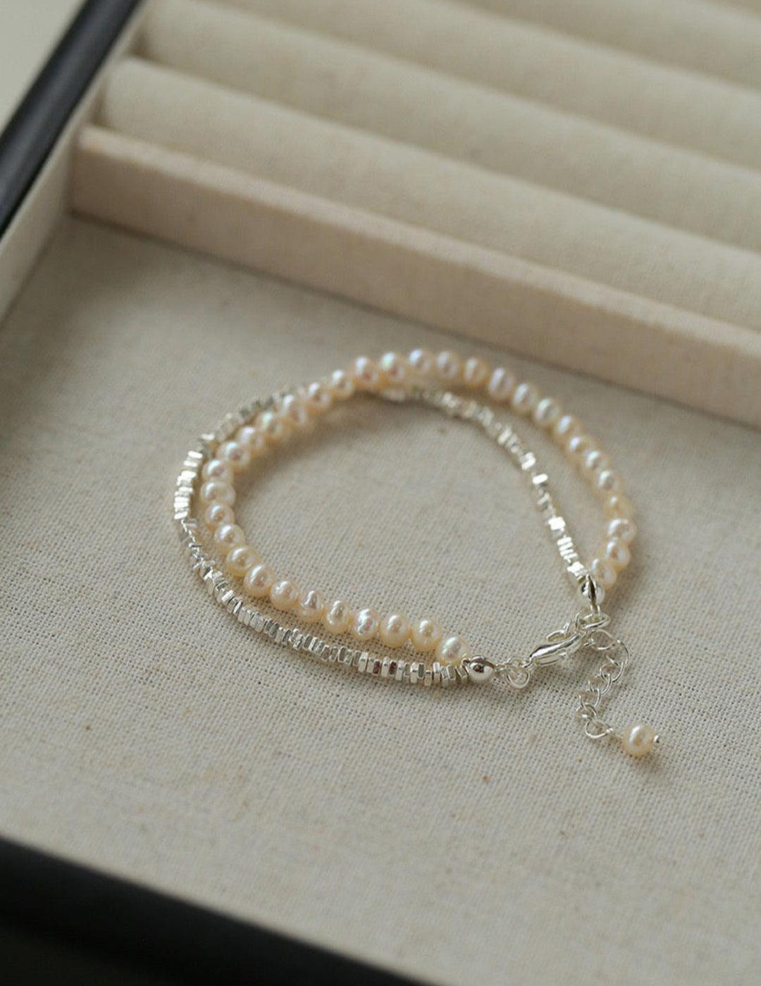 Natural Pearl Silver Bean Double Bracelet - Gembea Jewelry