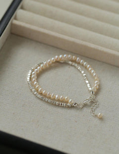 Natural Pearl Silver Bean Double Bracelet - Gembea Jewelry