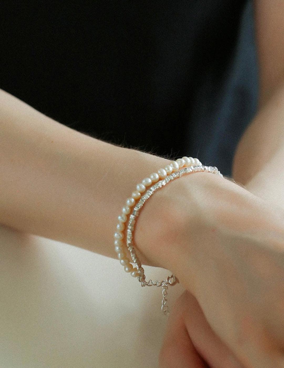 Natural Pearl Silver Bean Double Bracelet - Gembea Jewelry