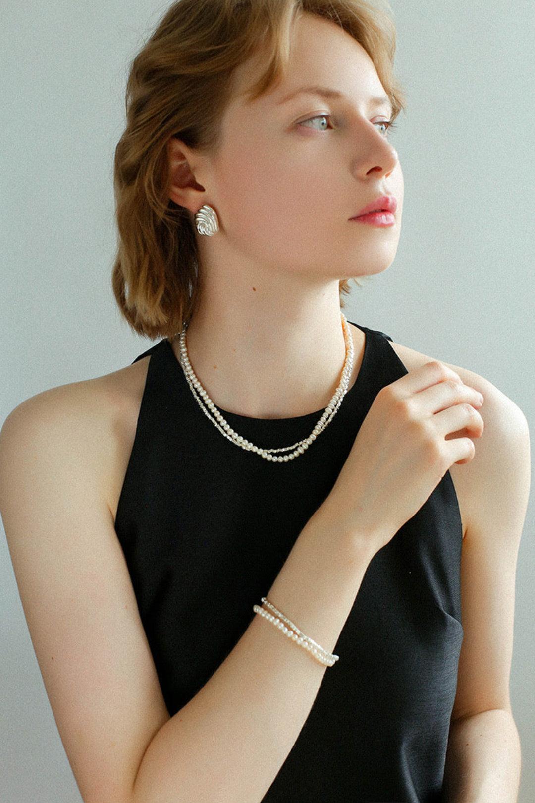 Natural Pearl Silver Bean Double Bracelet - Gembea Jewelry