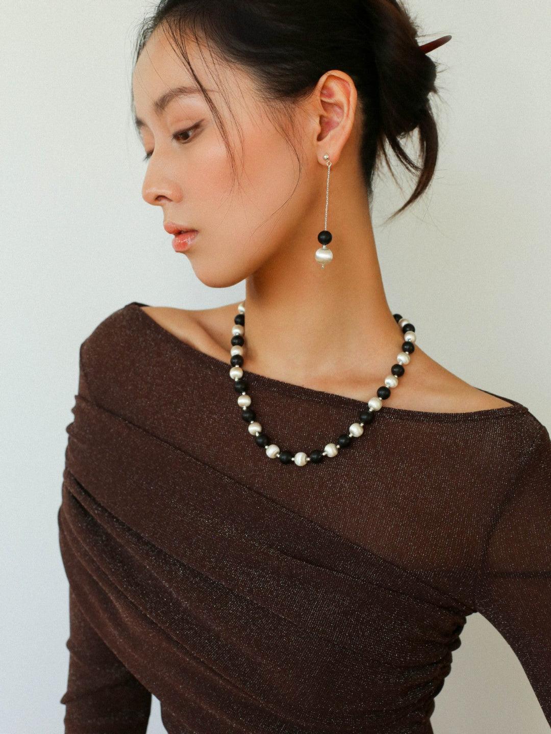 Ebony and Silver Ball Brushed Drop Earrings - Gembea Jewelry