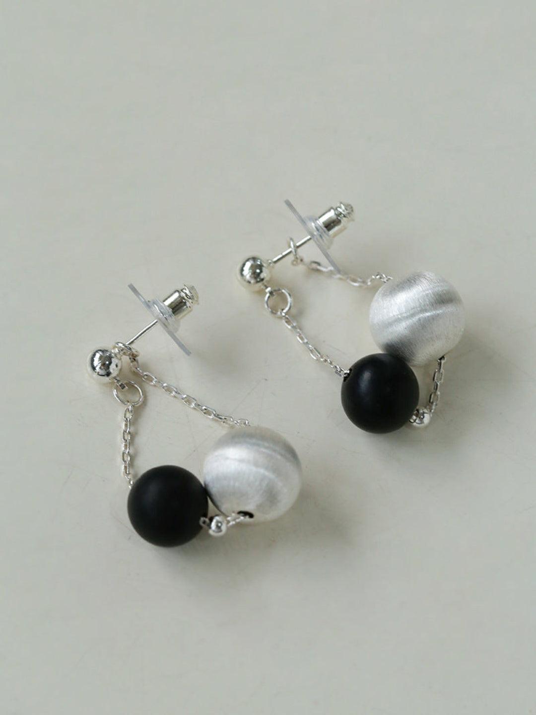 Ebony and Silver Ball Brushed Drop Earrings - Gembea Jewelry