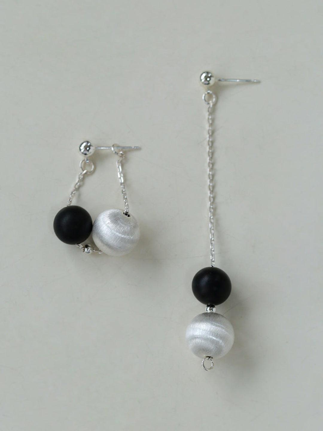 Ebony and Silver Ball Brushed Drop Earrings - Gembea Jewelry