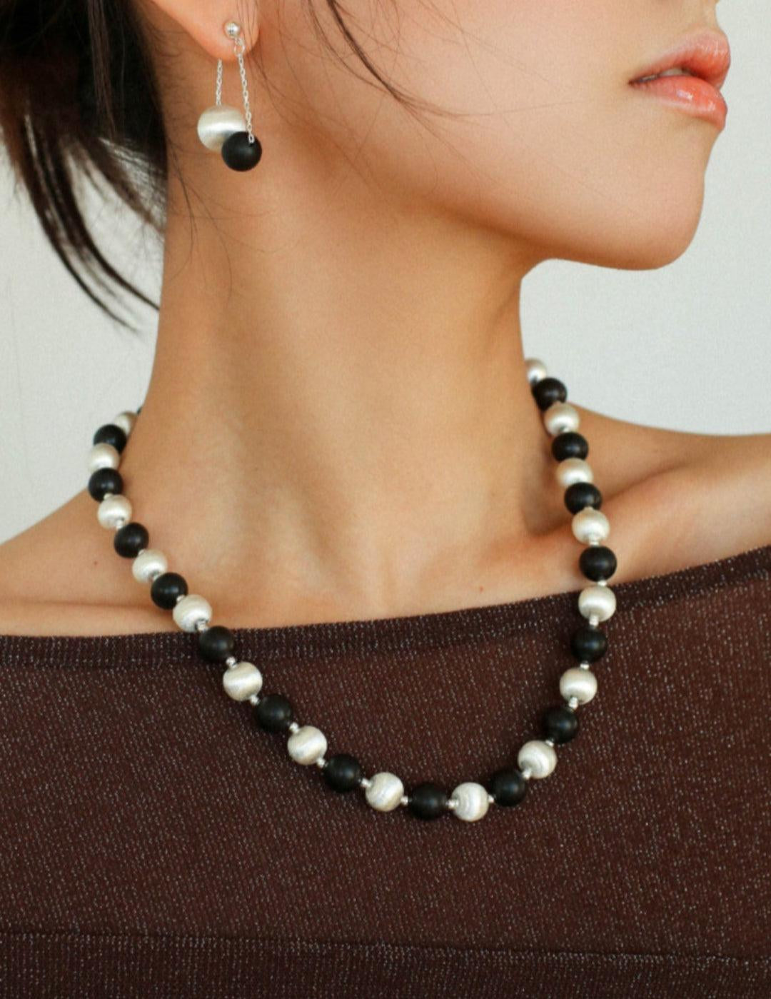 Ebony and Silver Ball Brushed Beaded Necklace - Gembea Jewelry
