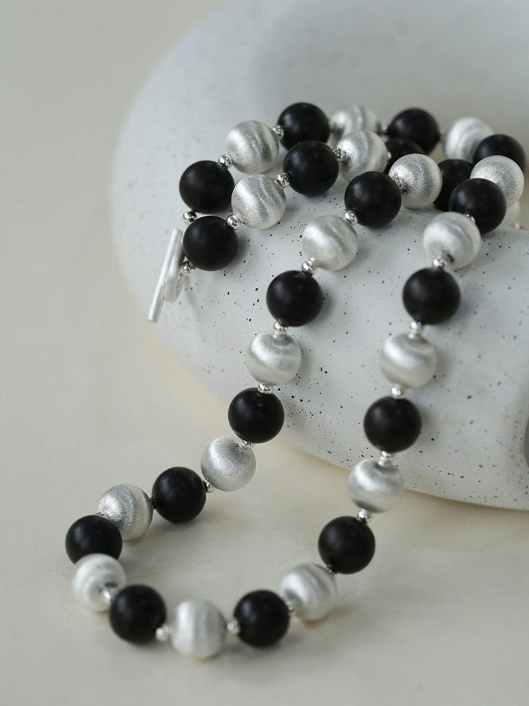 Ebony and Silver Ball Brushed Beaded Necklace - Gembea Jewelry