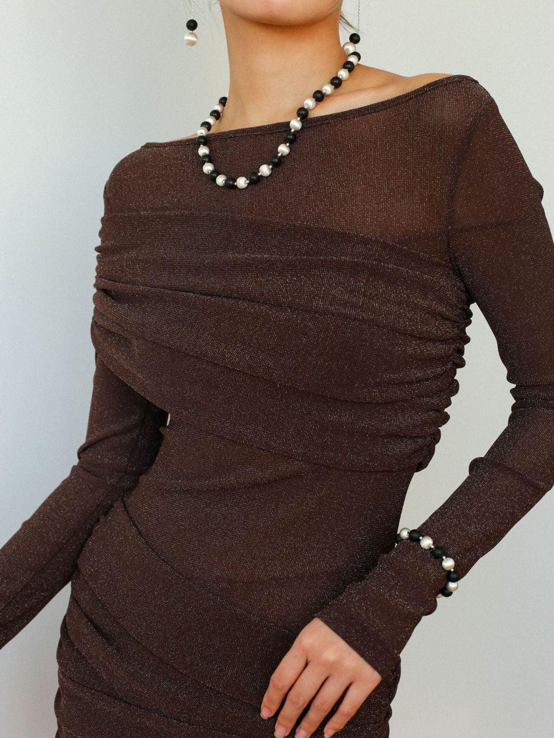 Ebony and Silver Ball Brushed Beaded Necklace - Gembea Jewelry