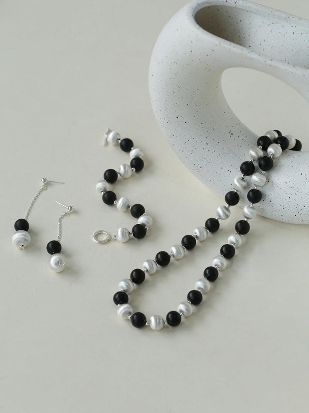 Ebony and Silver Ball Brushed Beaded Necklace - Gembea Jewelry