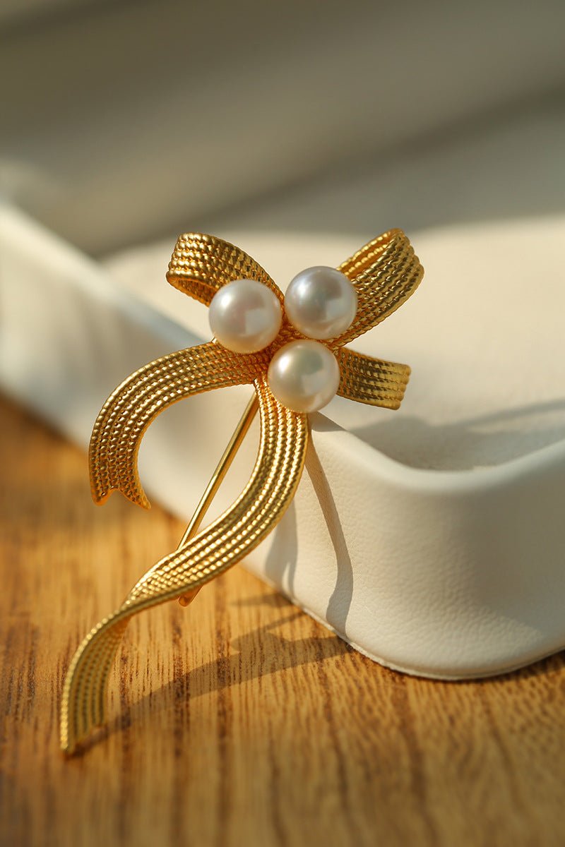 Elegant Bow Freshwater Pearl Brooch gembea jewelry
