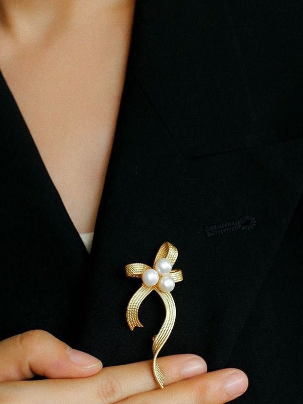 Elegant Bow Freshwater Pearl Brooch gembea jewelry