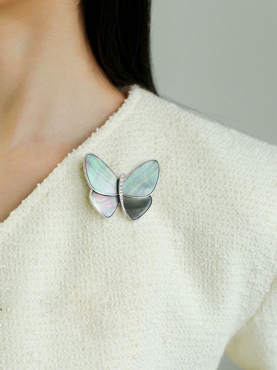 Elegant Gray Mother of Pearl Butterfly Brooch gembea jewelry