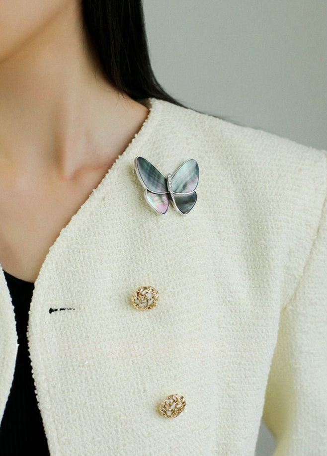 Elegant Gray Mother of Pearl Butterfly Brooch gembea jewelry