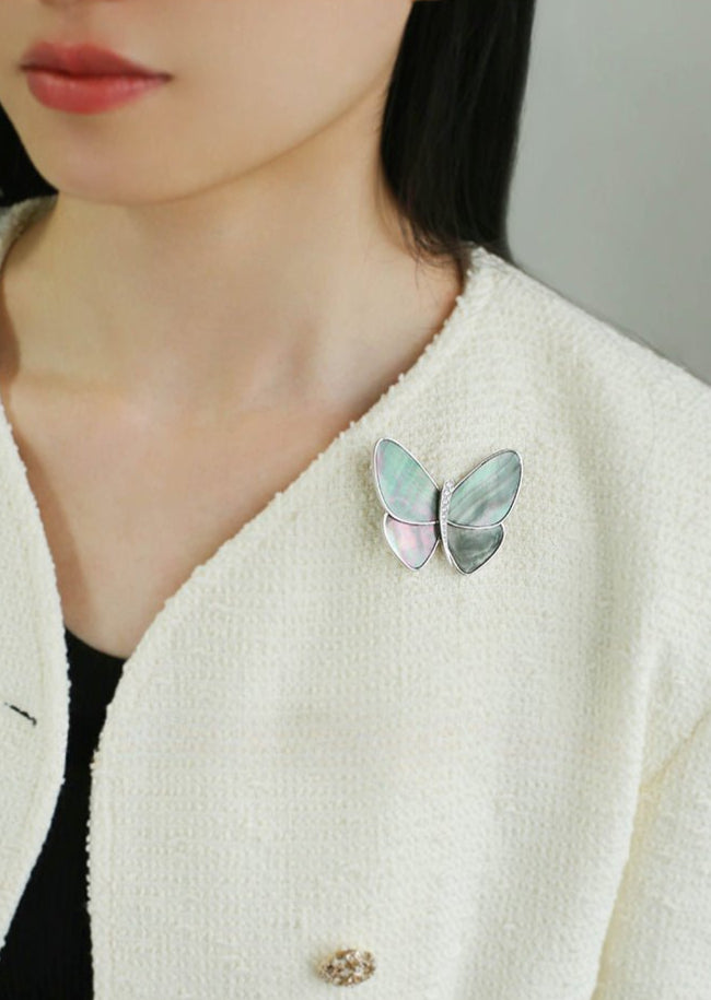 Elegant Gray Mother of Pearl Butterfly Brooch gembea jewelry
