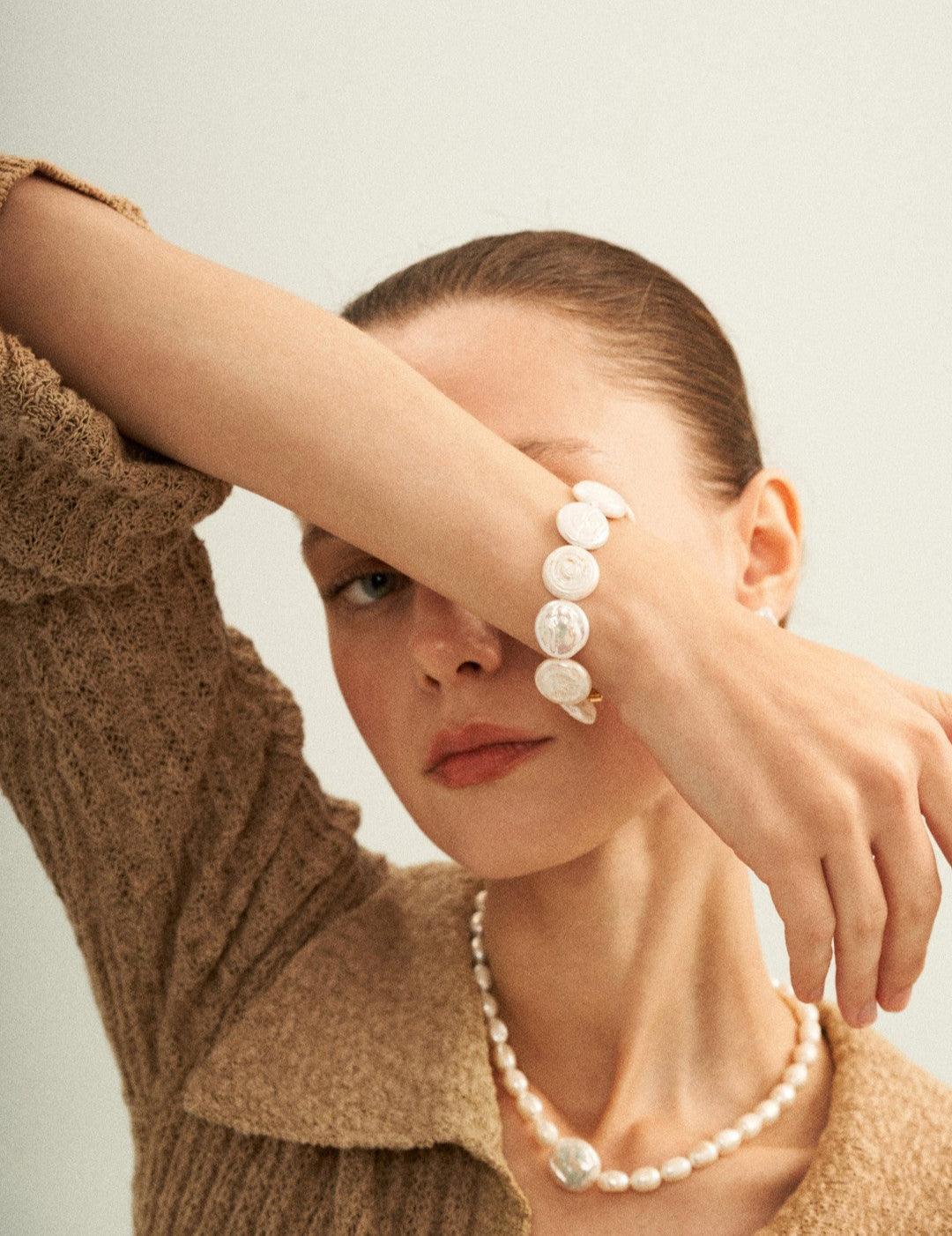 Flat Round Baroque Beaded Pearl Bracelet - Gembea Jewelry