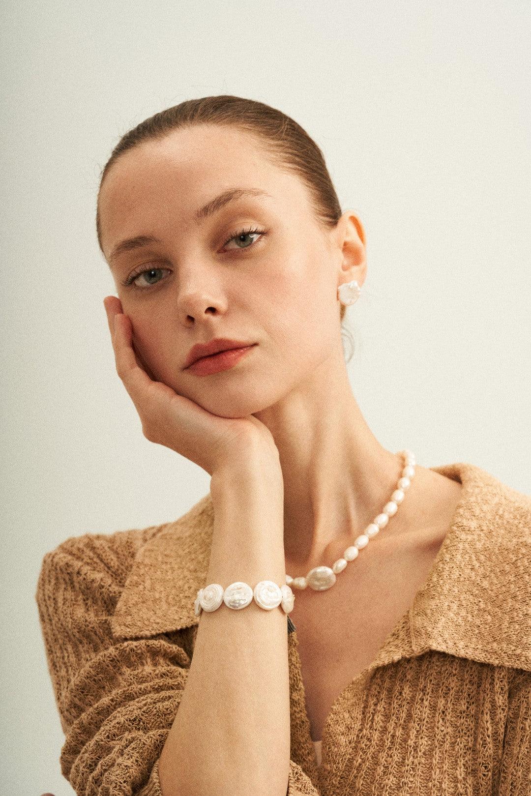 Flat Round Baroque Beaded Pearl Bracelet - Gembea Jewelry