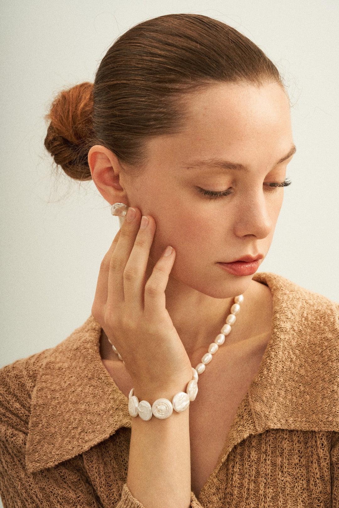 Flat Round Baroque Beaded Pearl Bracelet - Gembea Jewelry